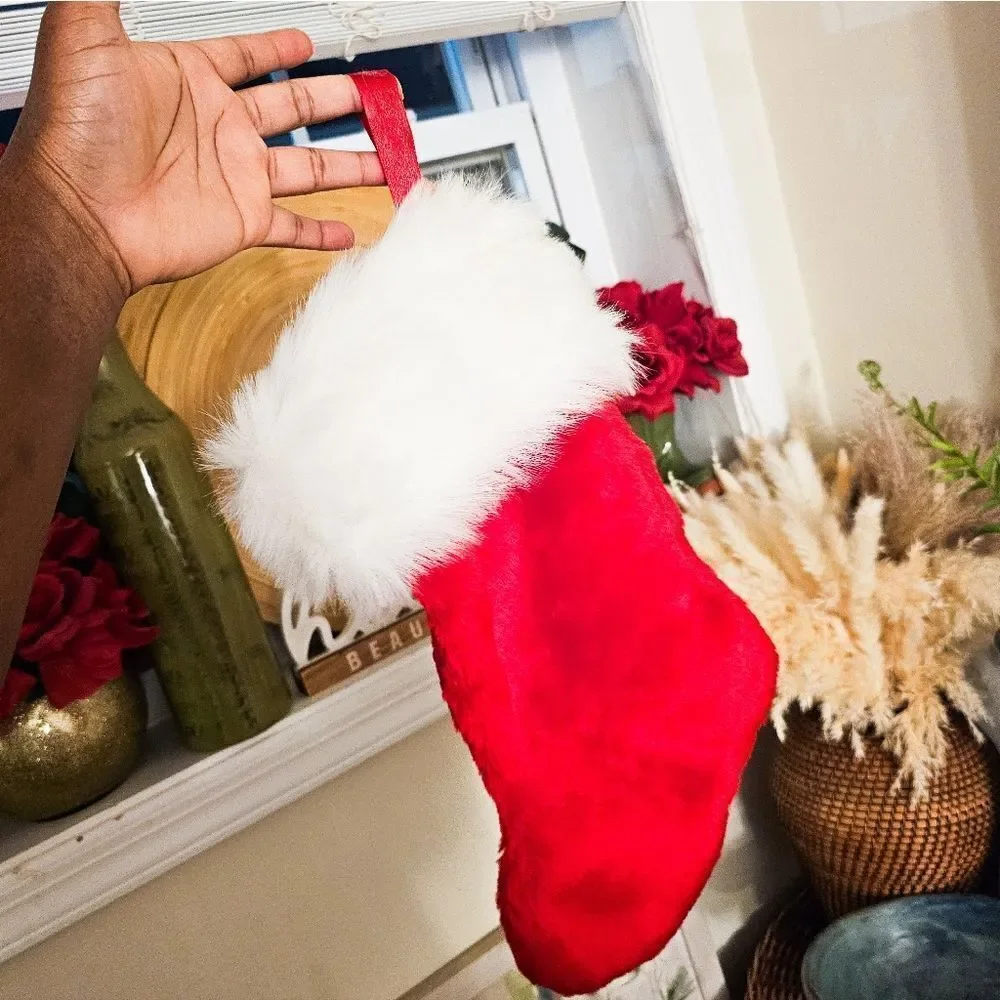 Set Of 2 Retro Fuzzy Cloth Red & White Christmas Holiday Stocking.